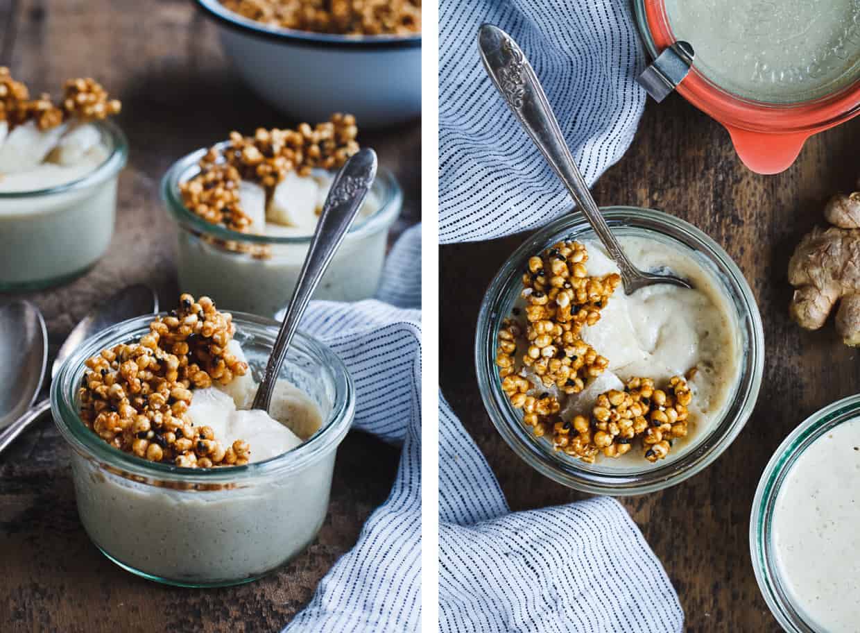 Ginger Tofu Pudding with Soy Milk Mochi & Kinako Black Sesame Puffed Millet Crumble