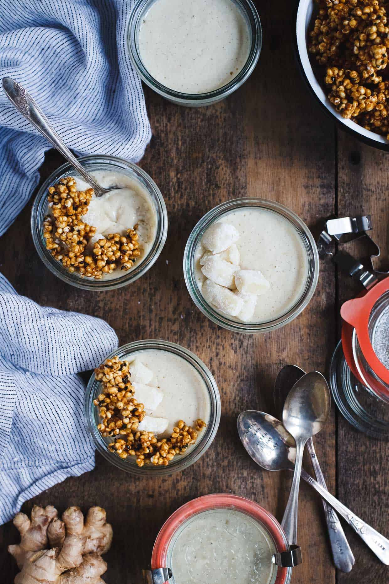 Ginger Tofu Pudding with Soy Milk Mochi & Kinako Black Sesame Puffed Millet Crumble