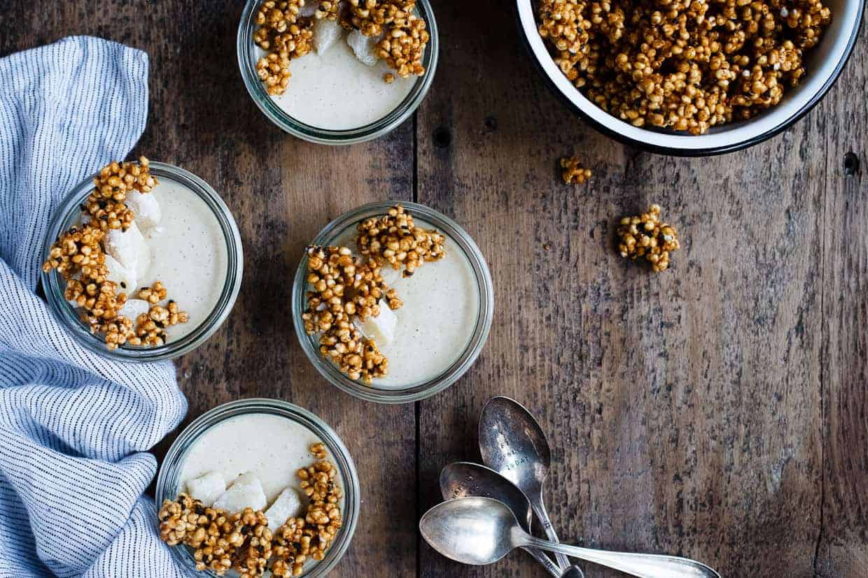 Ginger Tofu Pudding with Soy Milk Mochi & Kinako Black Sesame Puffed Millet Crumble