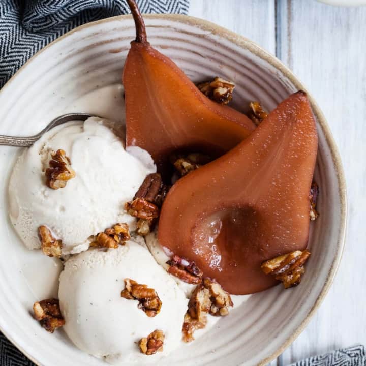 Mulled Pomegranate Cider Poached Pears