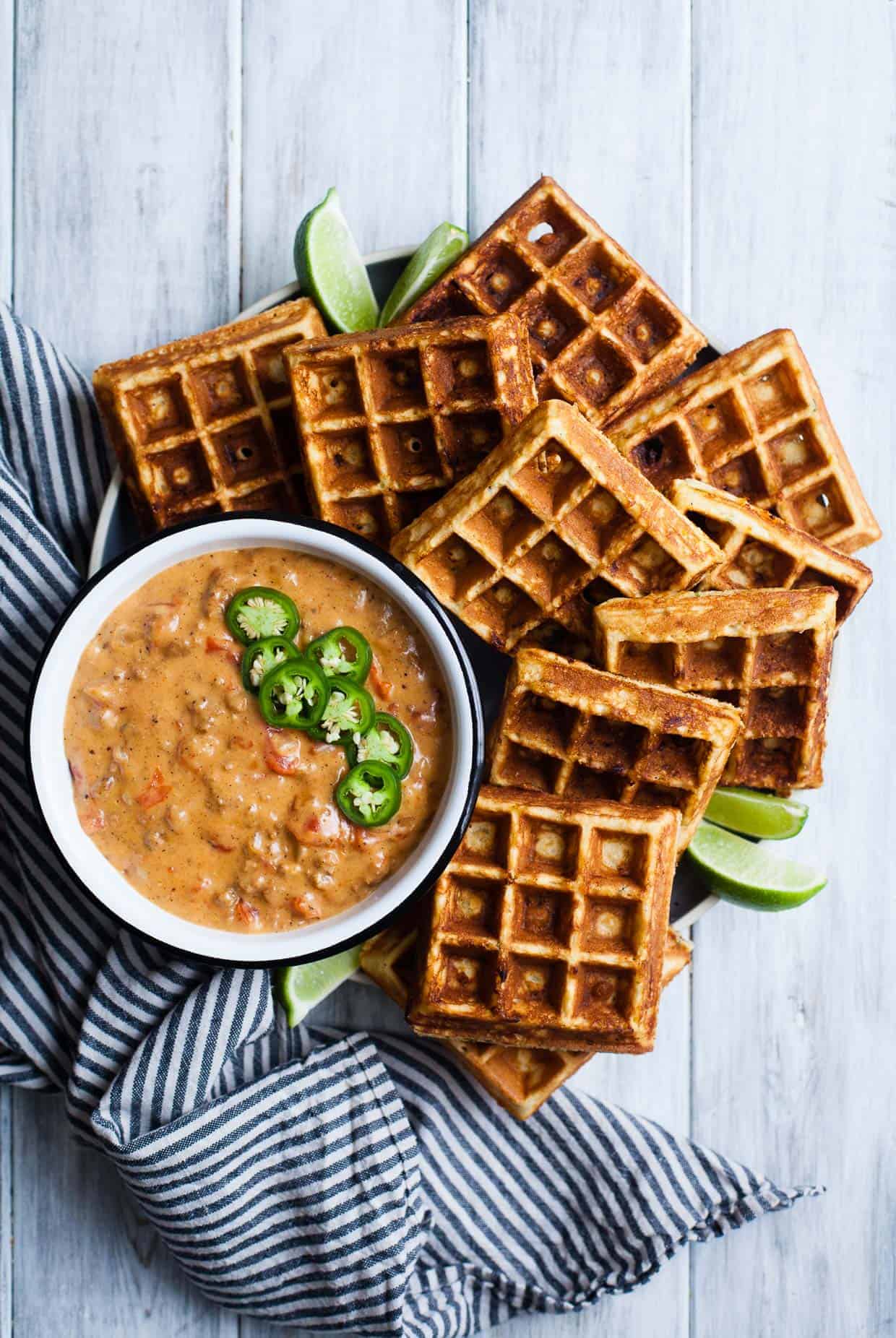 Cheddar Jalapeno Cornbread Waffles with Turkey Chile Con Queso Dip {gluten-free}