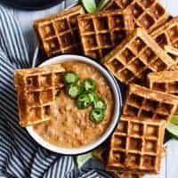 Cheddar Jalapeno Cornbread Waffles with Turkey Chile Con Queso Dip {gluten-free}