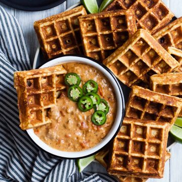 Cheddar Jalapeno Cornbread Waffles with Turkey Chile Con Queso Dip {gluten-free}