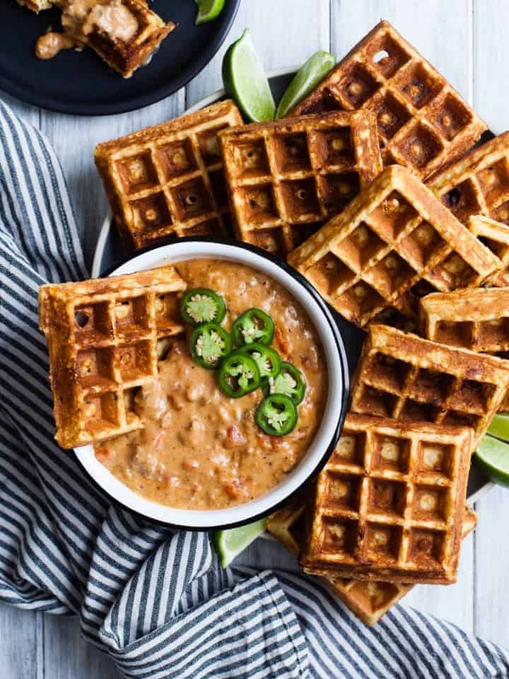 Cheddar Jalapeno Cornbread Waffles with Turkey Chile Con Queso Dip {gluten-free}