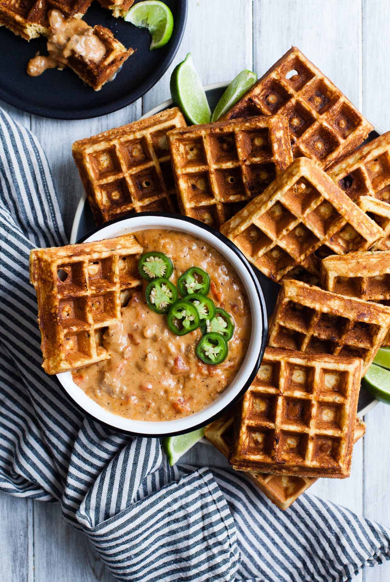 Cheddar Jalapeno Cornbread Waffles with Turkey Chile Con Queso Dip {gluten-free}