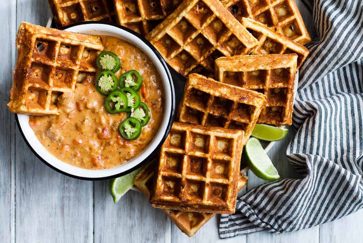 Cheddar Jalapeno Cornbread Waffles with Turkey Chile Con Queso Dip {gluten-free}