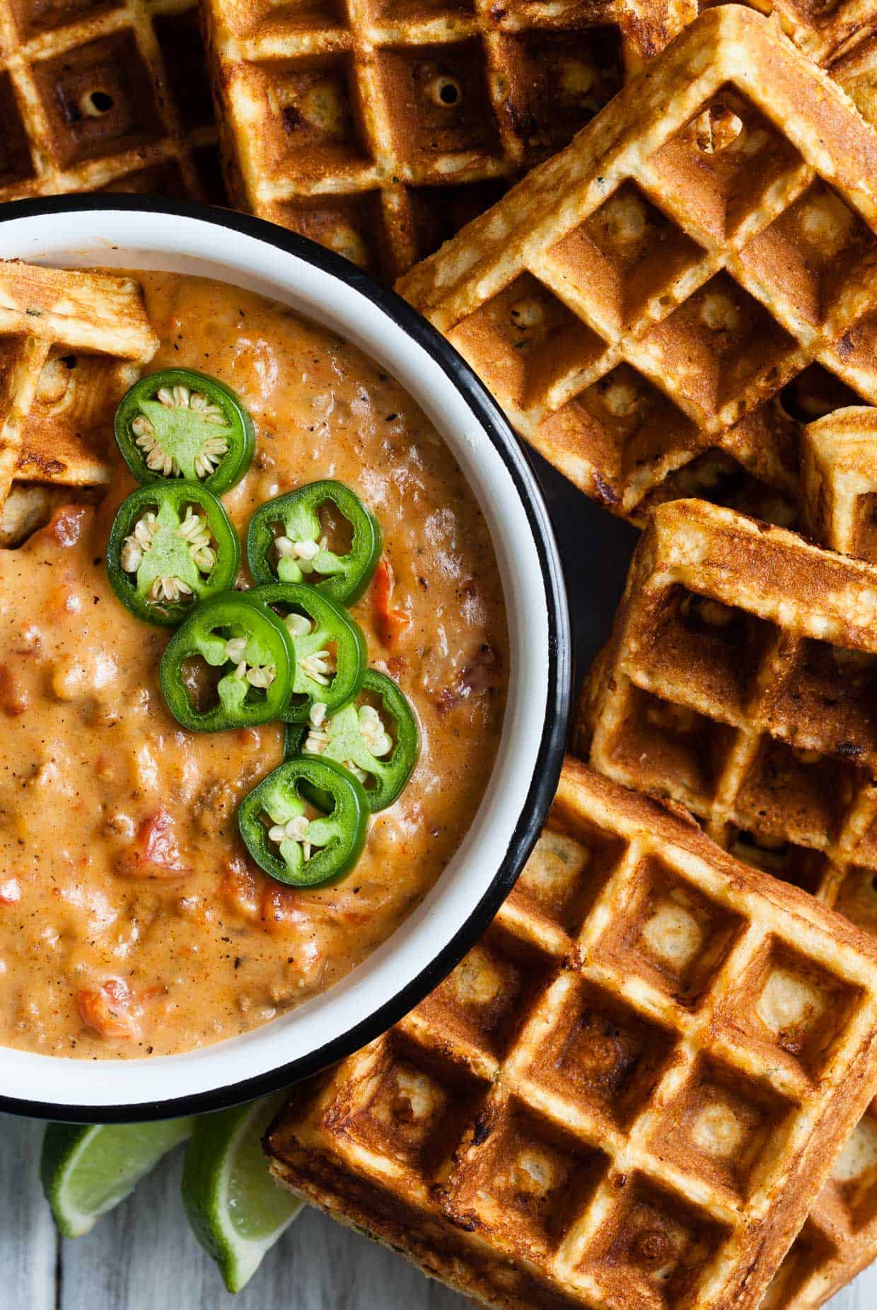 Cheddar Jalapeno Cornbread Waffles with Turkey Chile Con Queso Dip {gluten-free}