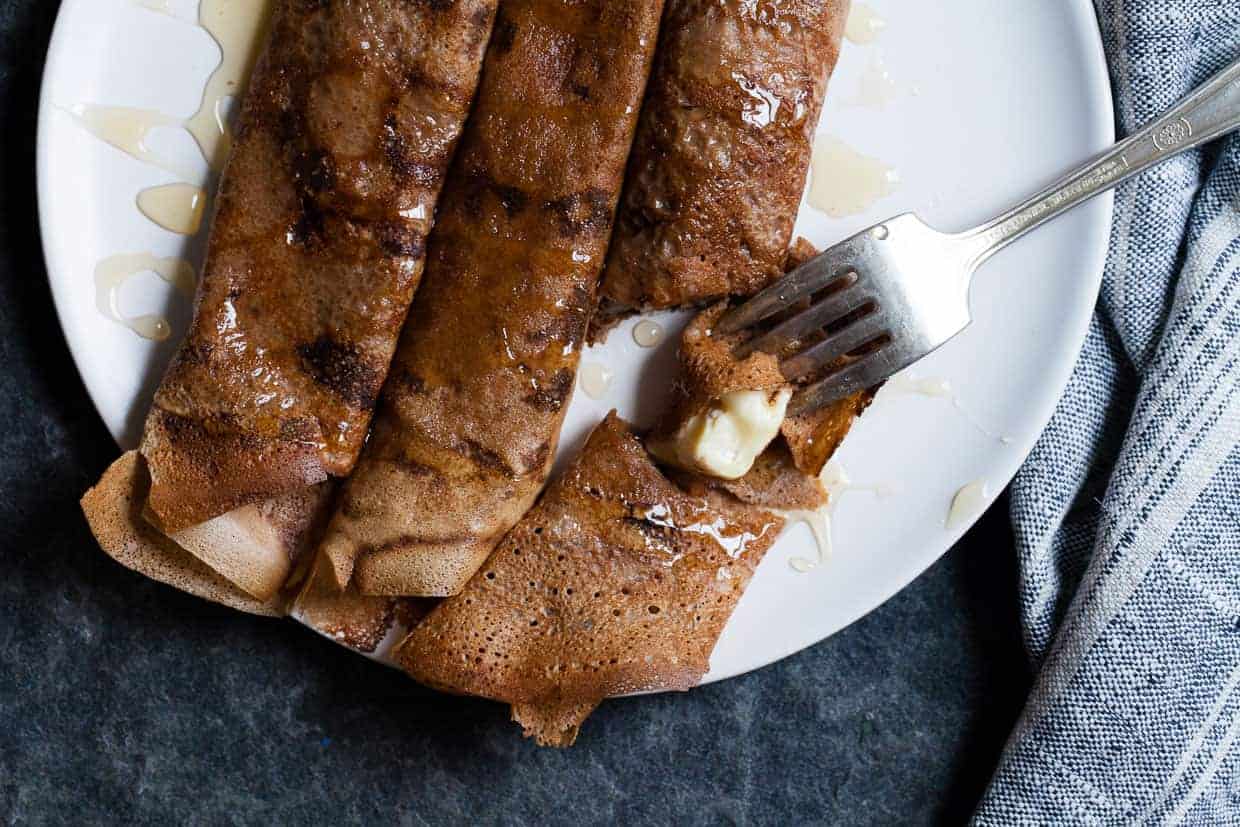 Hazelnut Chestnut Crepes with Brie & Burnt Honey