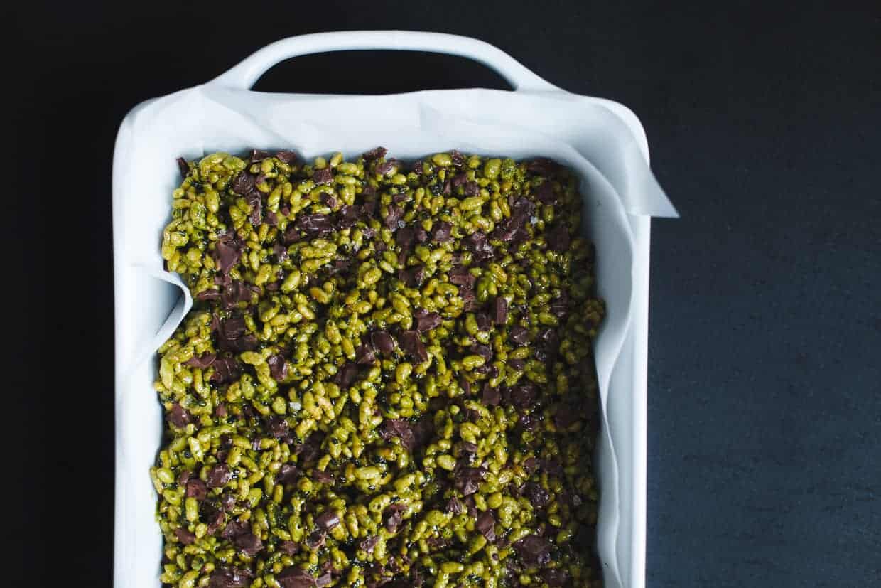 Matcha Black Sesame Chocolate Chunk Rice Krispie Treats