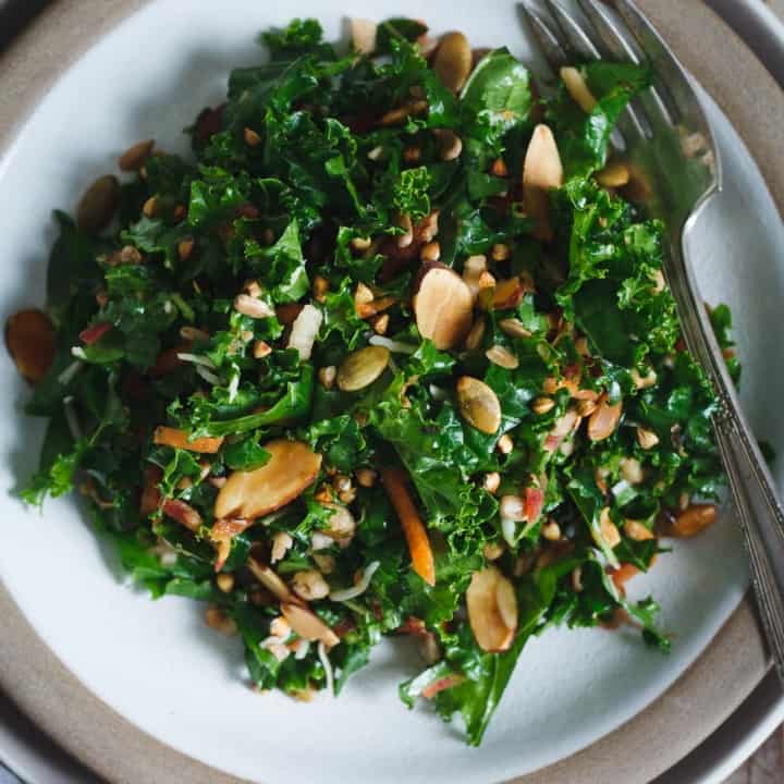 Kale Salad with Toasted Nuts, Seeds, & Buckwheat