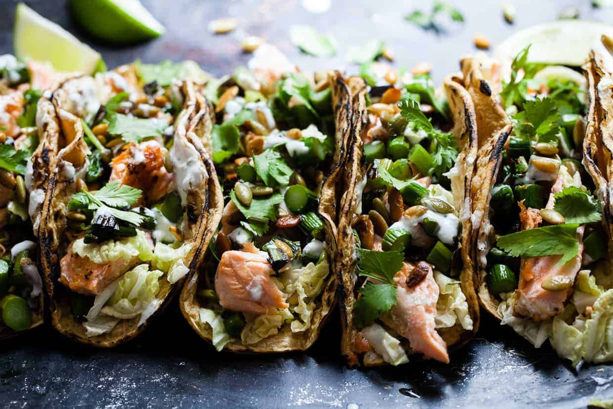 Salmon Tacos with Green Onion & Asparagus Salsa