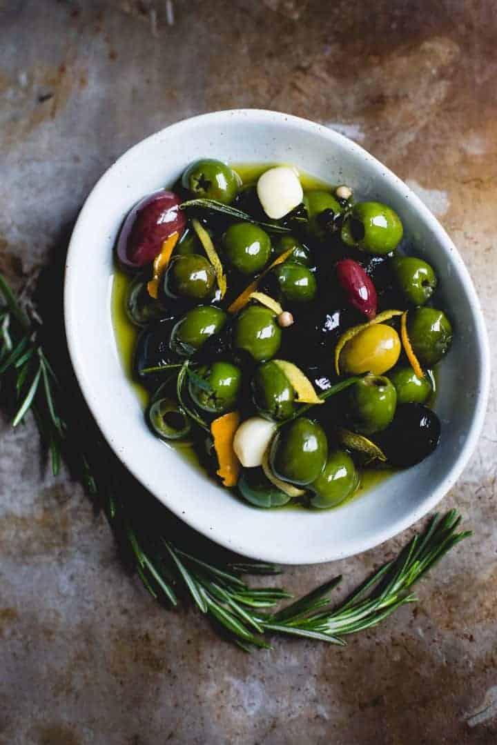 Warm Olives with Citrus, Rosemary, and a Splash of Gin