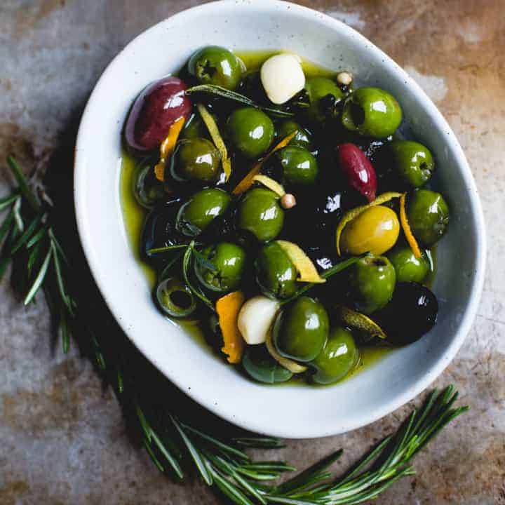 Warm Olives with Citrus, Rosemary, and a Splash of Gin