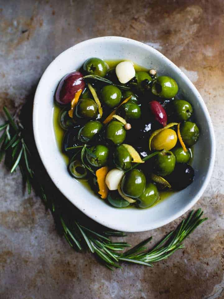 Warm Olives with Citrus, Rosemary, and a Splash of Gin