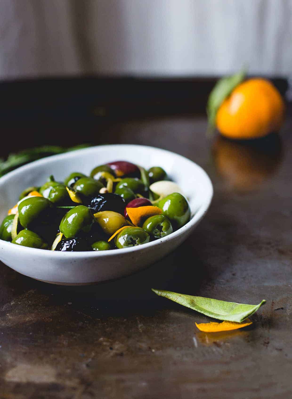 Warm Olives with Citrus, Rosemary, and a Splash of Gin