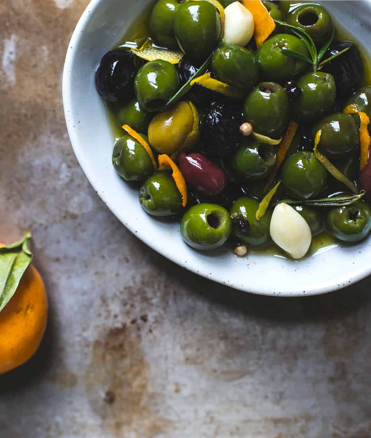 Warm Olives with Citrus, Rosemary, and a Splash of Gin