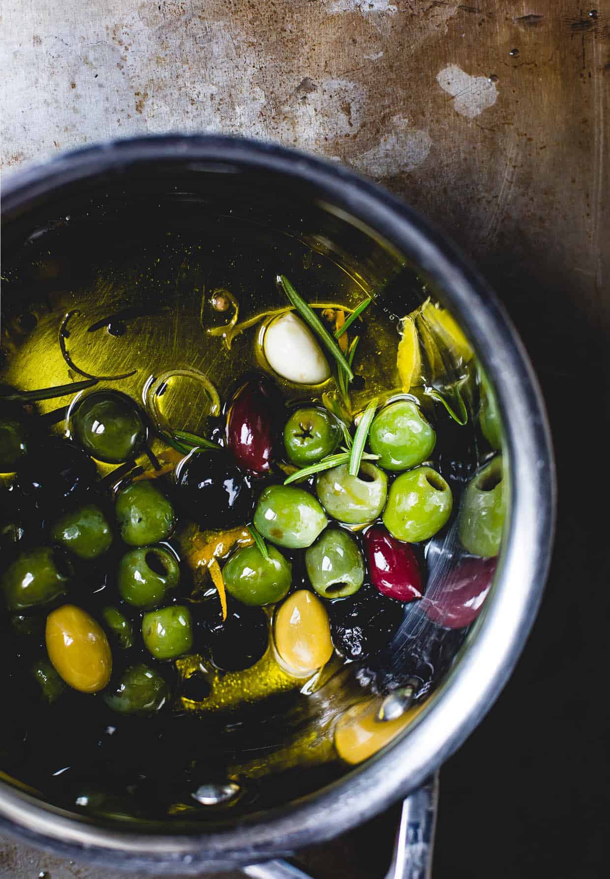 Warm Olives with Citrus, Rosemary, and a Splash of Gin