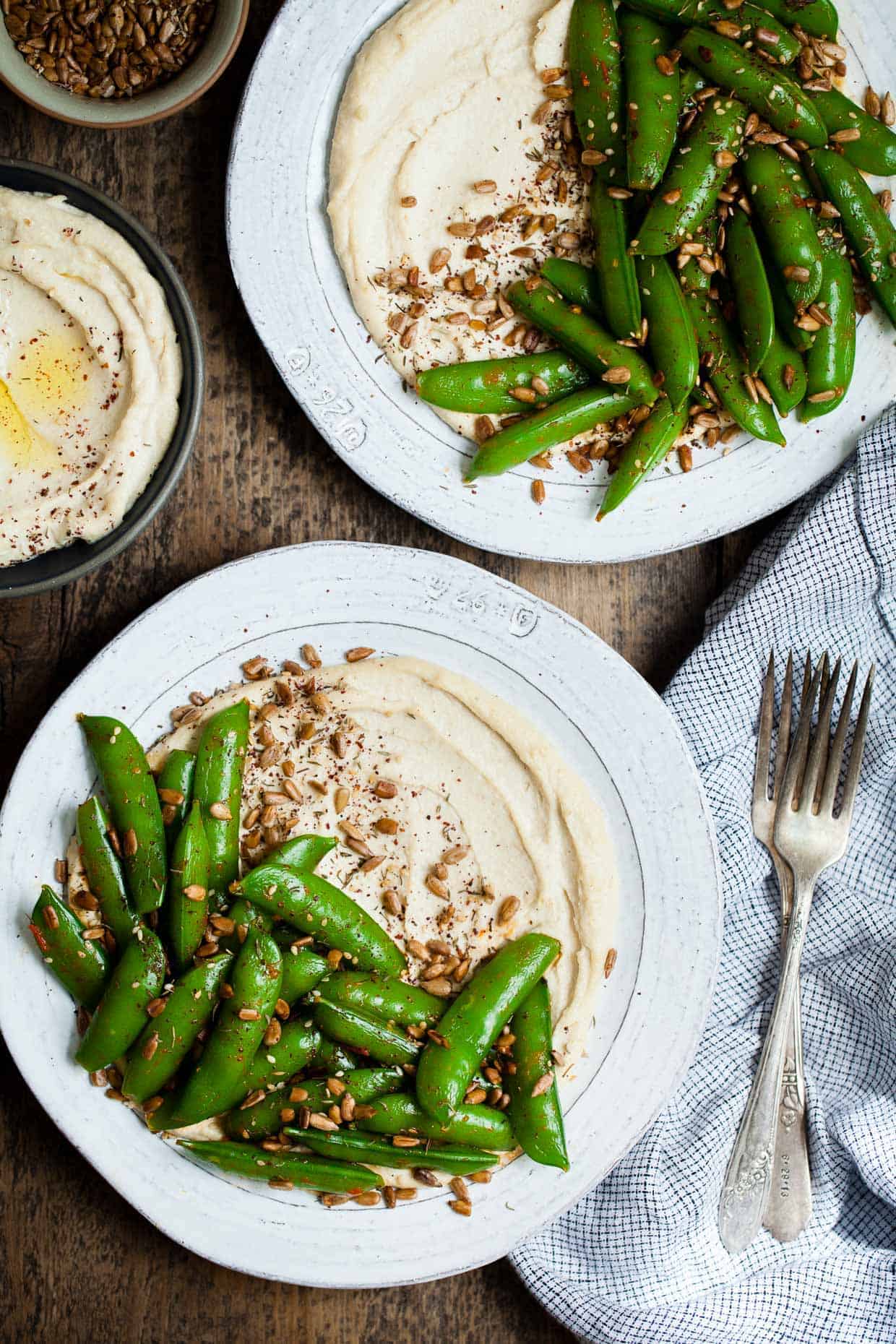 Harissa Snap Peas with Cashew Hummus & Sunflower Seed Za'atar