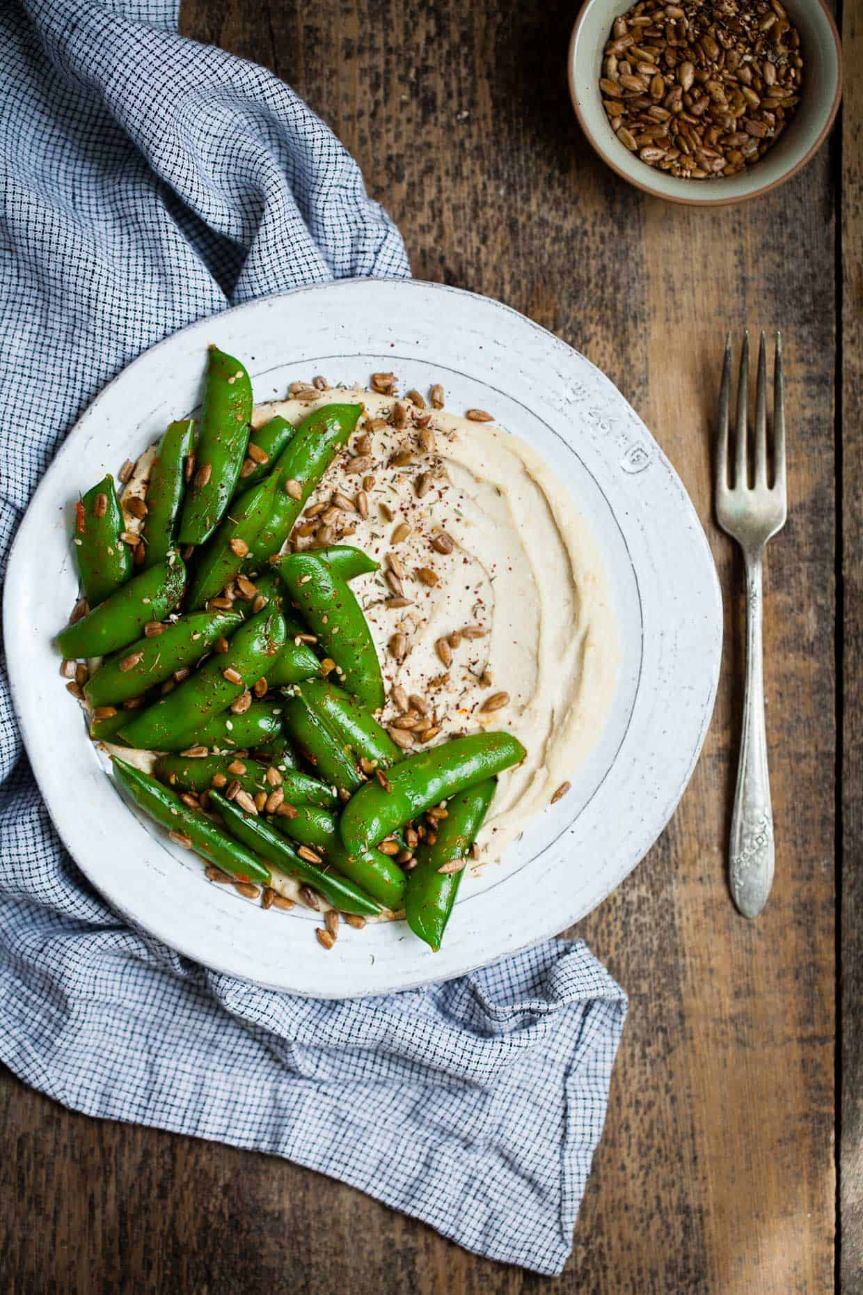 Harissa Snap Peas with Cashew Hummus & Sunflower Seed Za'atar