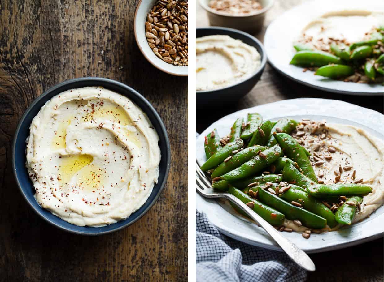 Harissa Snap Peas with Cashew Hummus & Sunflower Seed Za'atar