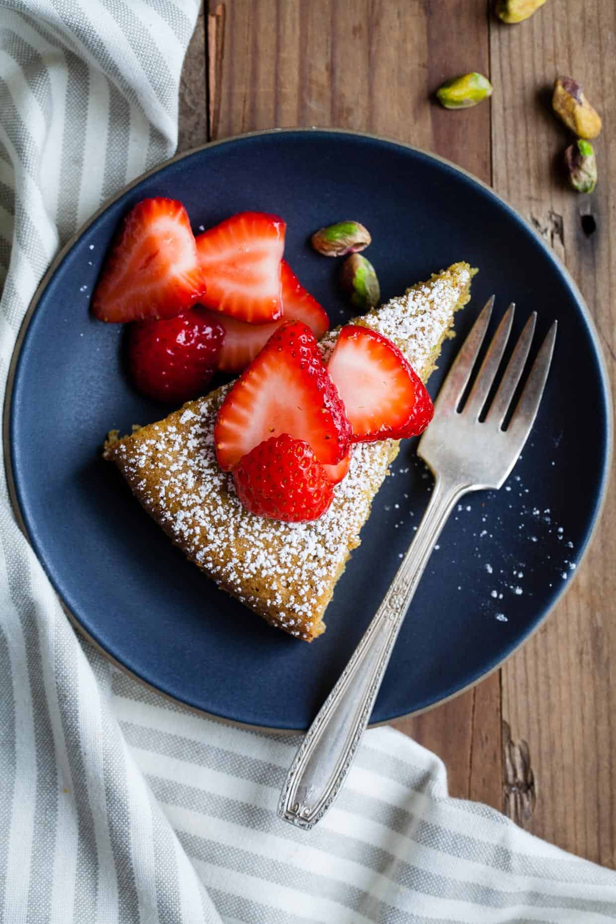 Gluten-Free Pistachio Rose Water Cake with Rose-Scented Strawberries