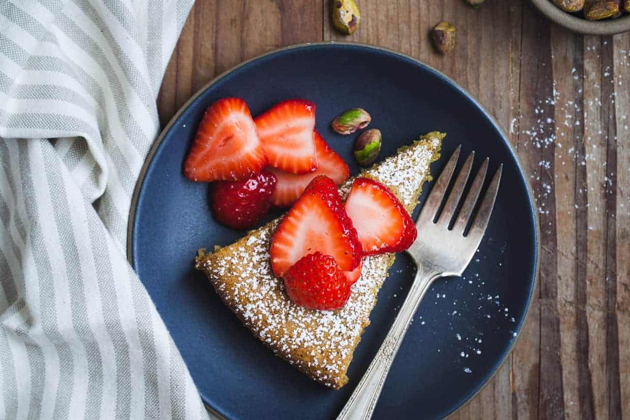 Gluten-Free Pistachio Rose Water Cake with Rose-Scented Strawberries