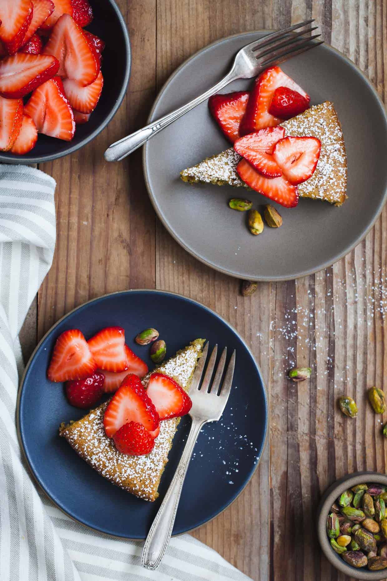 Gluten-Free Pistachio Rose Water Cake with Rose-Scented Strawberries