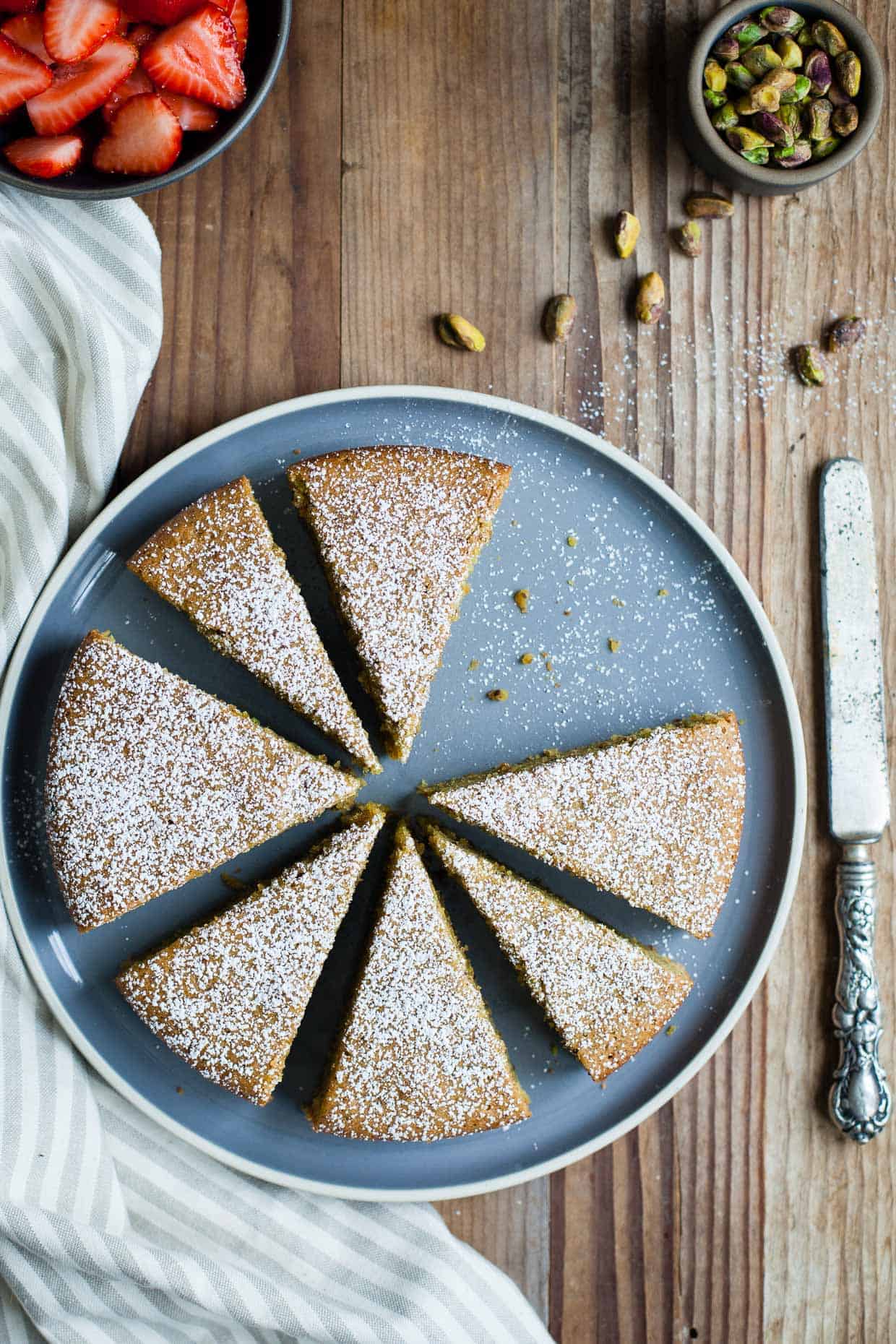 Gluten-Free Pistachio Rose Water Cake with Rose-Scented Strawberries