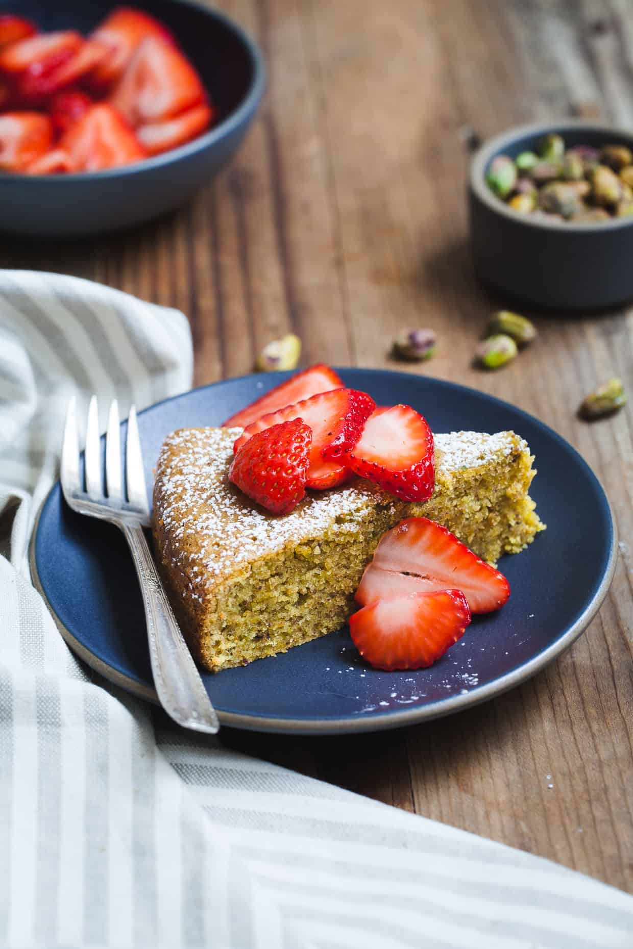 Gluten-Free Pistachio Rose Water Cake with Rose-Scented Strawberries