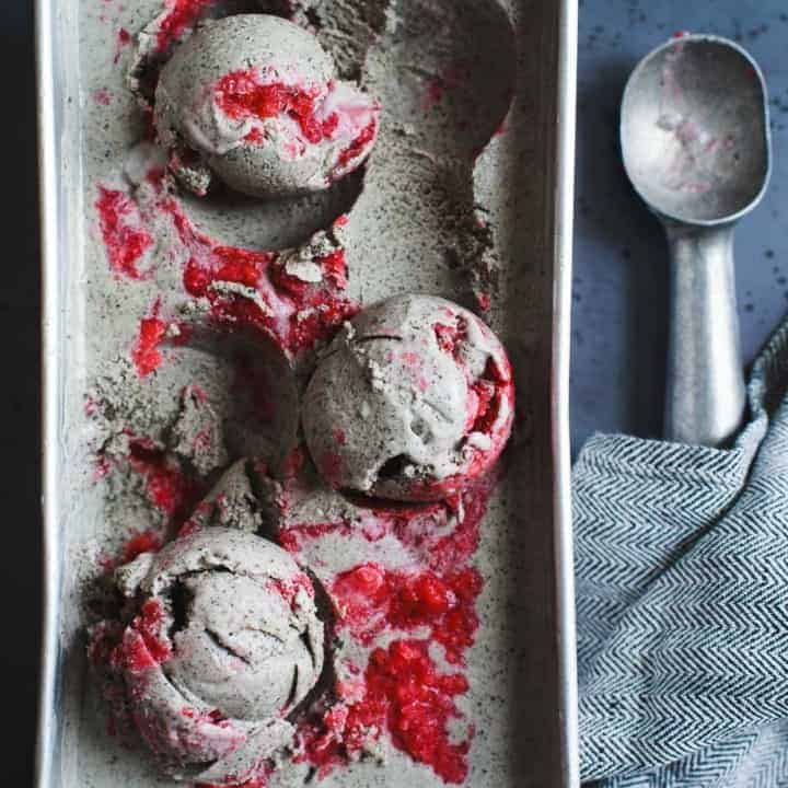 Vegan Coconut Black Sesame-Ice Cream with Strawberry Swirl
