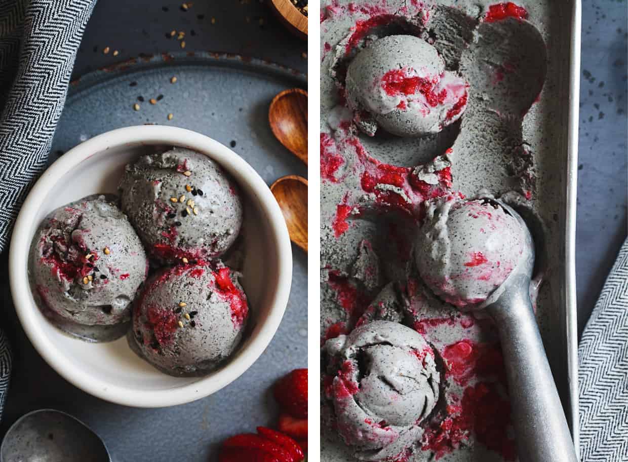 Vegan Coconut Black Sesame-Ice Cream with Strawberry Swirl