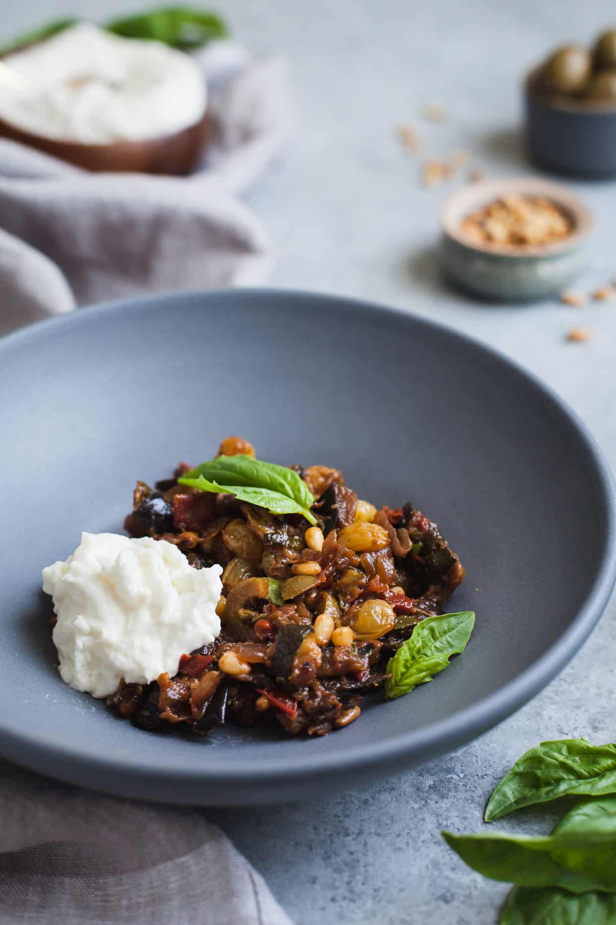 Eggplant and Zucchini Caponata with Burrata