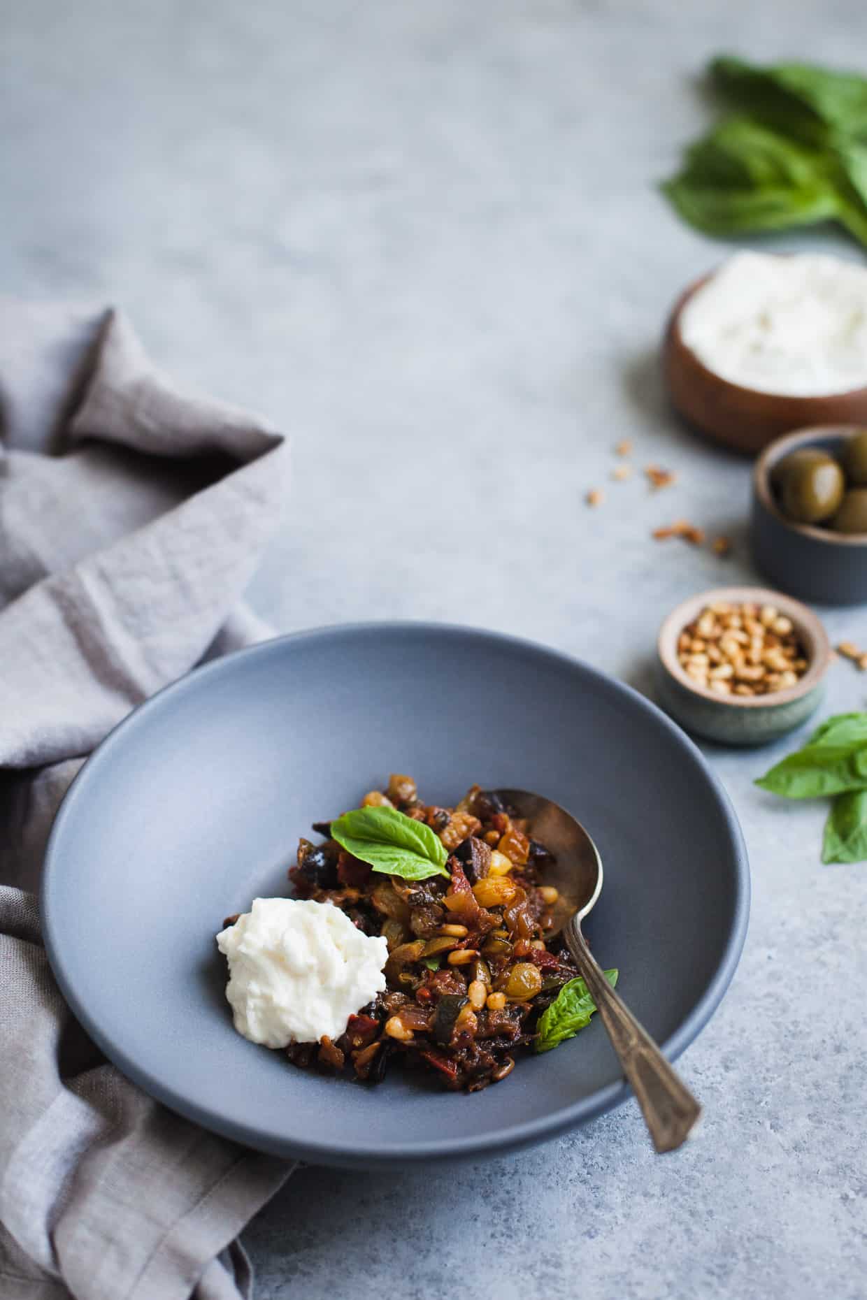 Eggplant and Zucchini Caponata with Burrata