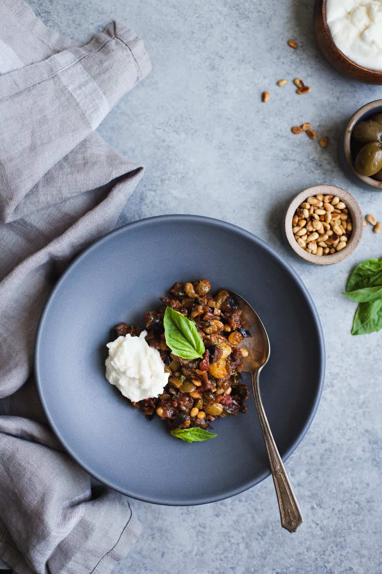 Eggplant and Zucchini Caponata with Burrata