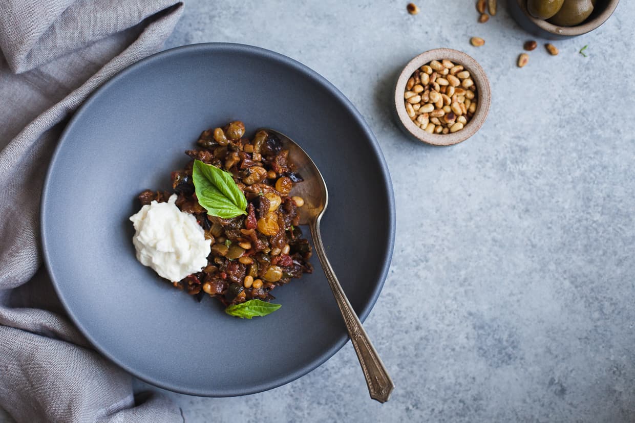 Eggplant and Zucchini Caponata with Burrata