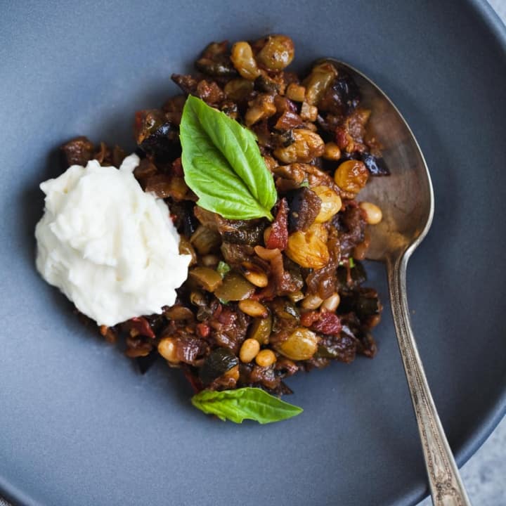 Eggplant and Zucchini Caponata with Burrata