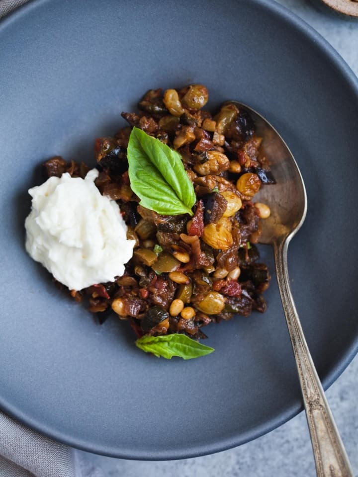 Eggplant and Zucchini Caponata with Burrata