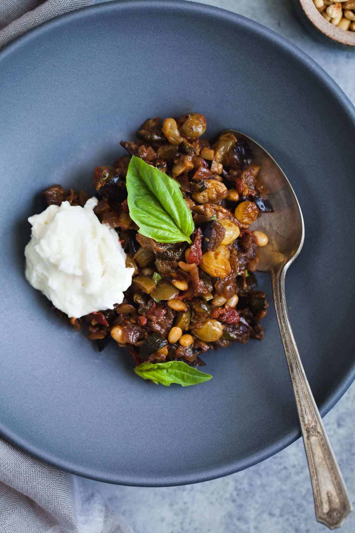 Eggplant and Zucchini Caponata with Burrata