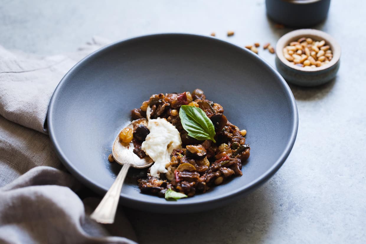 Eggplant and Zucchini Caponata with Burrata