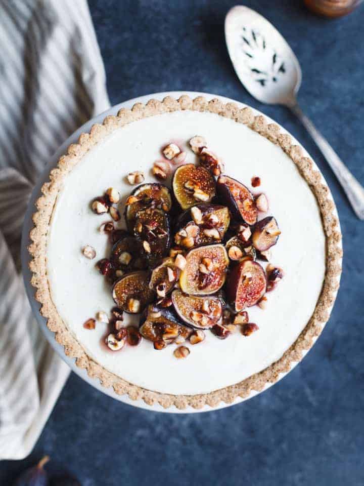 Ginger Goat Cheese Cheesecake with Roasted Figs and Hazelnuts