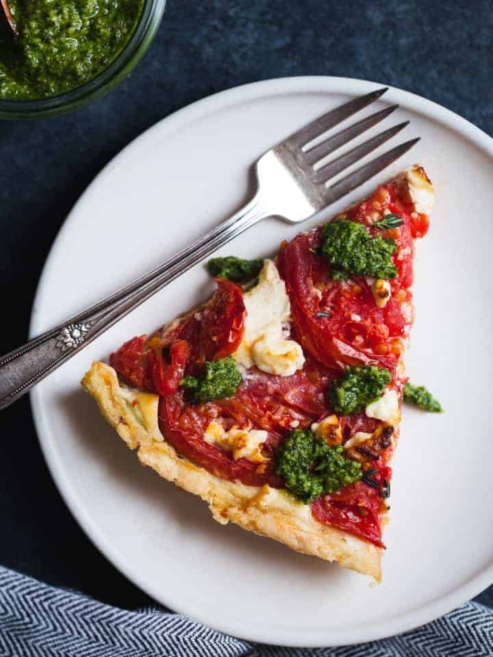 Ricotta Tomato Tart with Gluten-free Cornmeal Crust & Arugula Walnut Pesto