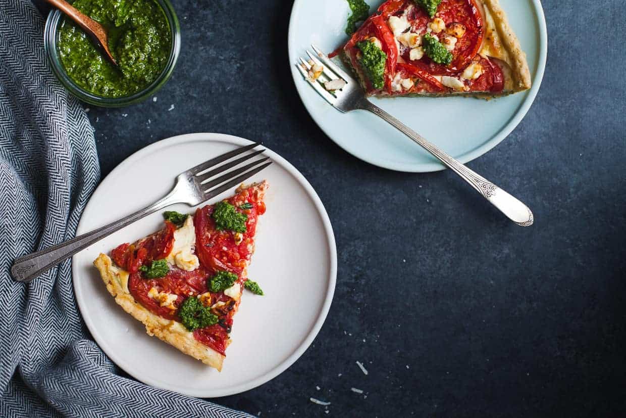 Ricotta Tomato Tart with Gluten-free Cornmeal Crust & Arugula Walnut Pesto