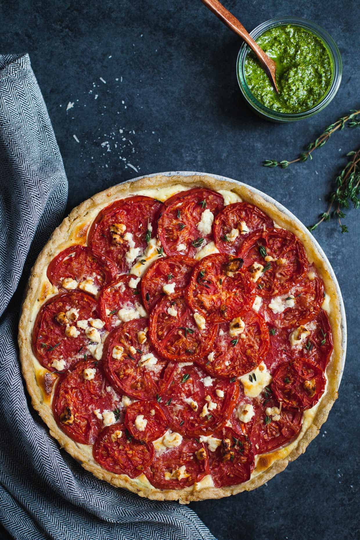 Ricotta Tomato Tart with Gluten-free Cornmeal Crust & Arugula Walnut Pesto