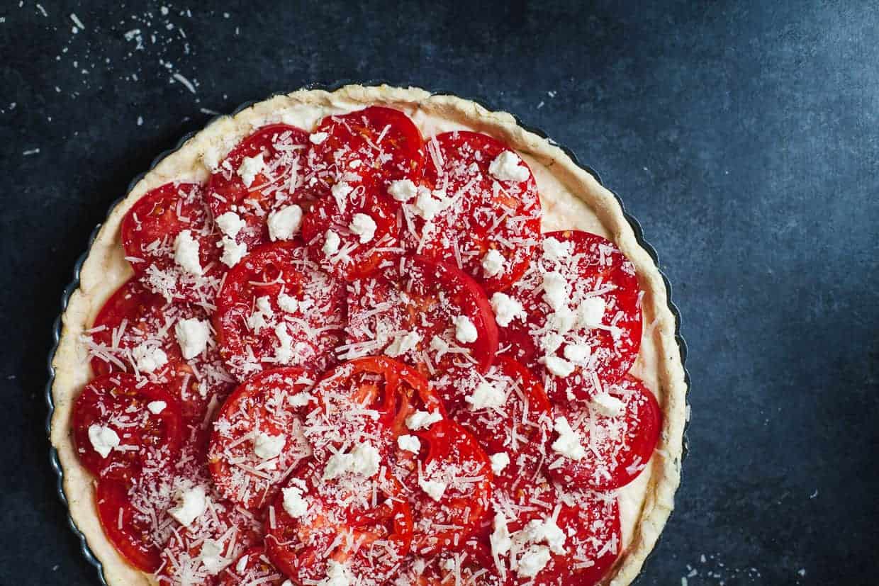 Ricotta Tomato Tart with Gluten-free Cornmeal Crust & Arugula Walnut Pesto