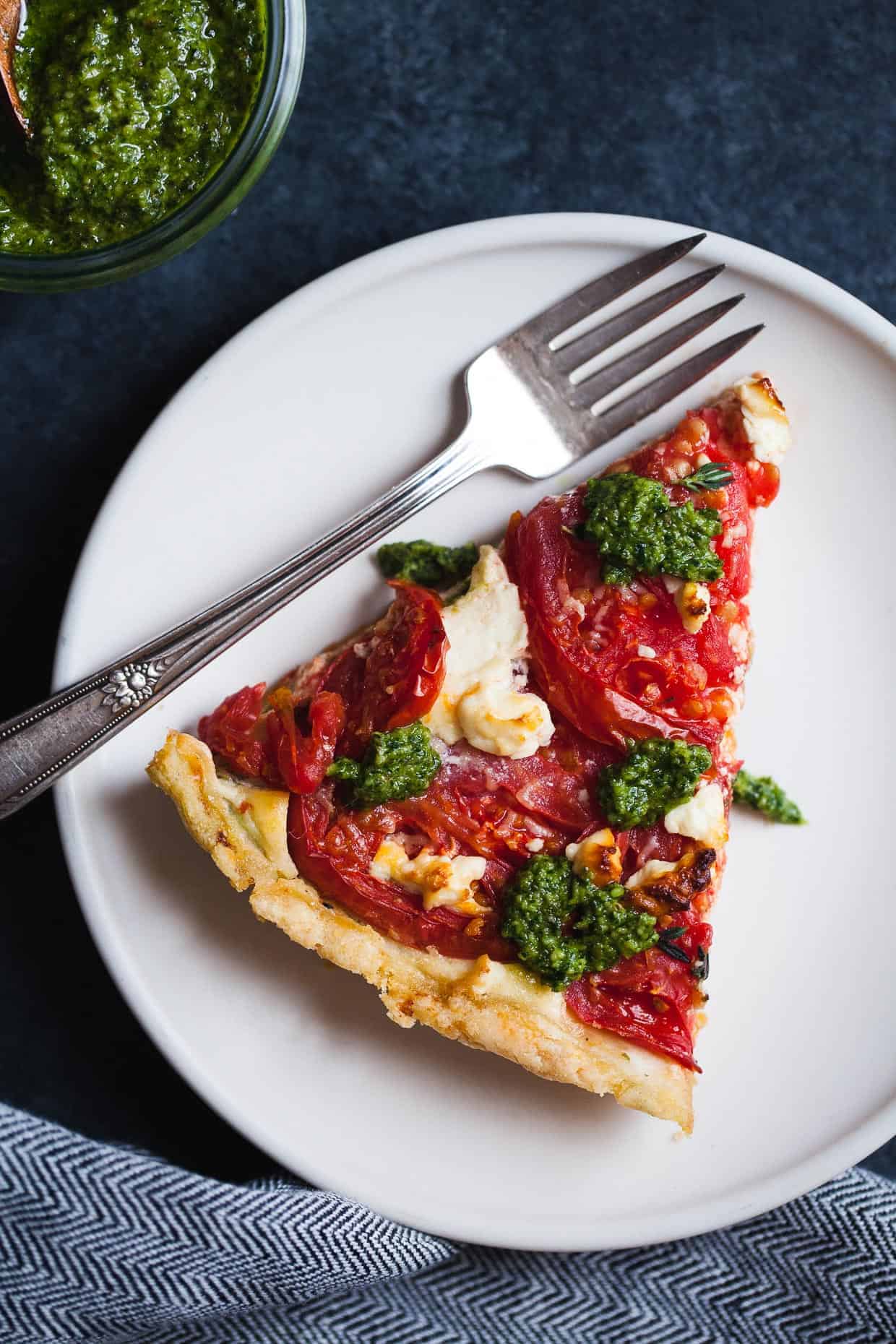 Ricotta Tomato Tart with Gluten-free Cornmeal Crust & Arugula Walnut Pesto