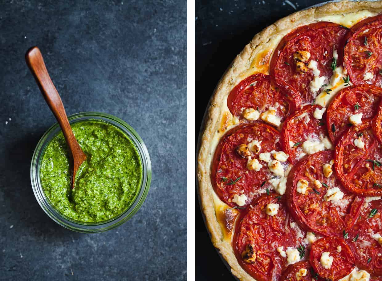 Ricotta Tomato Tart with Gluten-free Cornmeal Crust & Arugula Walnut Pesto