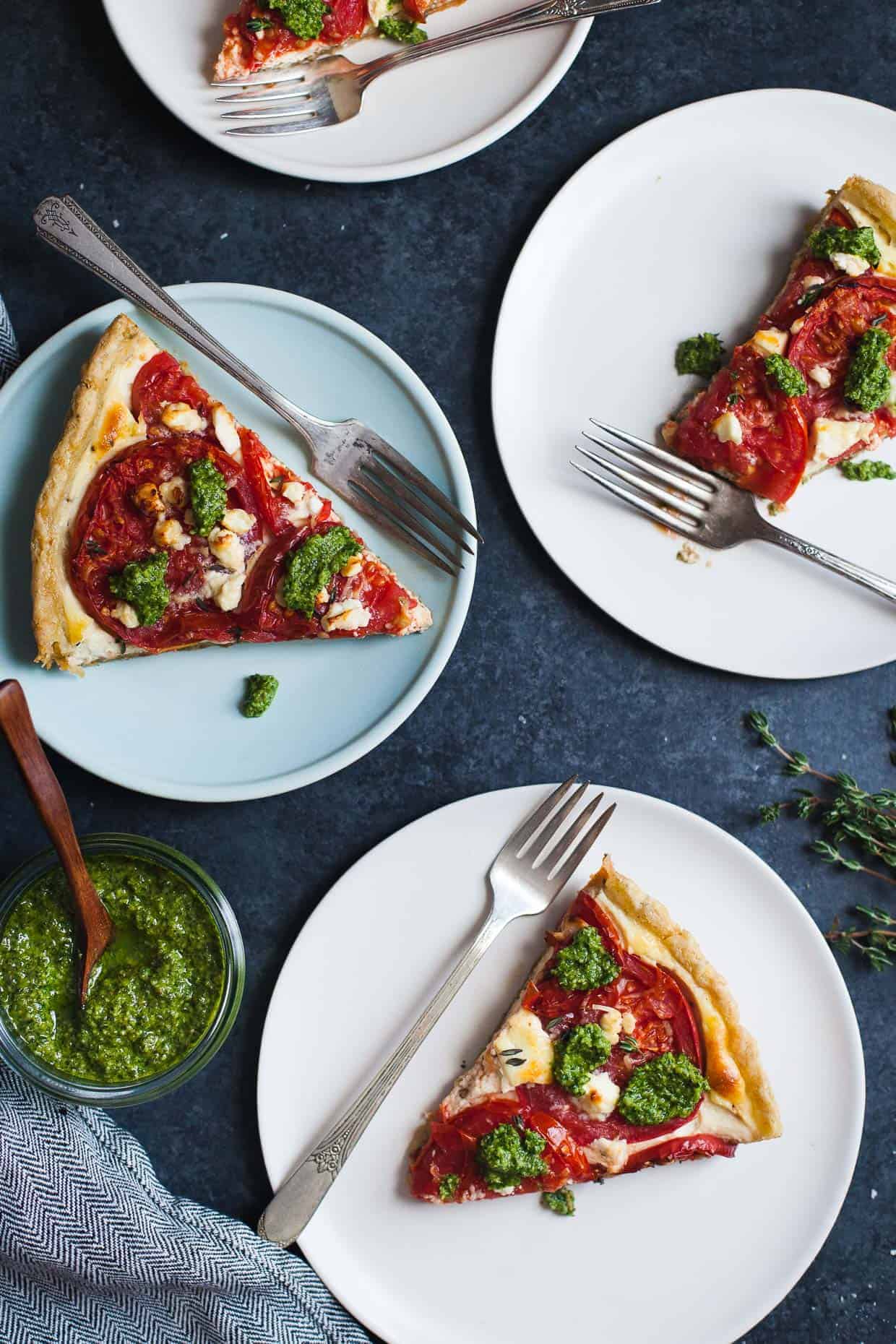 Ricotta Tomato Tart with Gluten-free Cornmeal Crust & Arugula Walnut Pesto