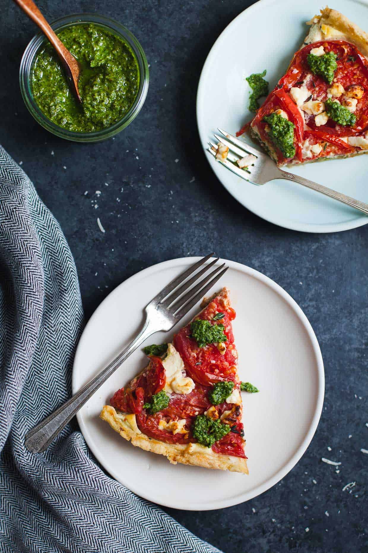 Ricotta Tomato Tart with Gluten-free Cornmeal Crust & Arugula Walnut Pesto