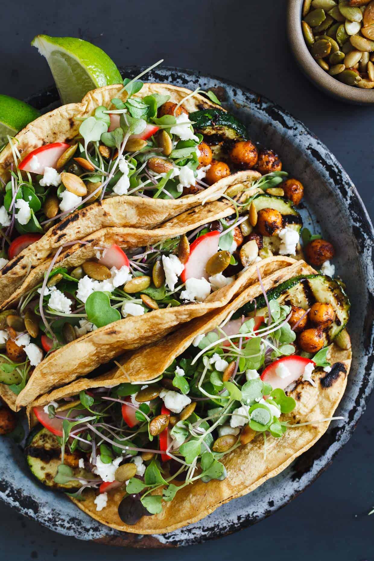 mole-spiced chickpea & grilled zucchini tacos