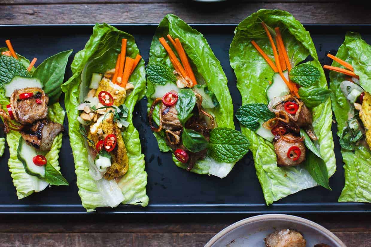 Ginger Lemongrass Pork Lettuce Wraps with Nuoc Cham Sauce